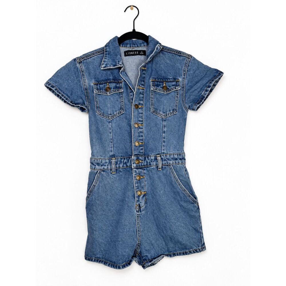 Lioness Denim Utility Romper XS Blue Button Front Short Sleeve Playsuit romper